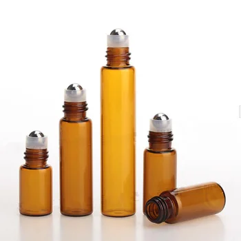

300Pcs/lot 2.5ml 3ml 5ml 10ml Amber Thin Glass Roll On Bottle Sample Mini Essential Oil Vials With Stainless Steel Roller Ball