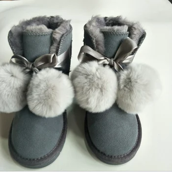 

Mexemina New 2019 rabbit fur ball leather fur one princess snow boots girls boots thick warm non-slip cotton shoes
