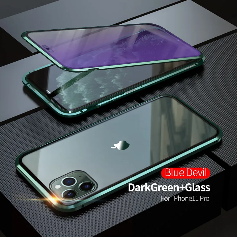Роскошный противоударный защитный чехол для телефона, чехол для iPhone 11 Pro Max, синее закаленное стекло и Алюминиевый металлический магнитный чехол