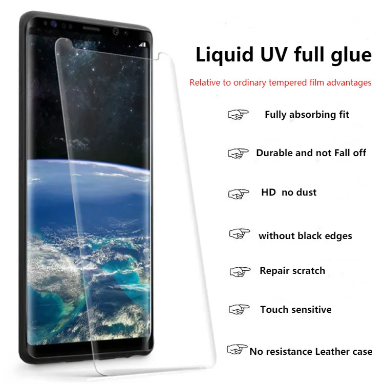 Протектор экрана для samsung S8 S9 S10 S10 plus note 9 отпечатков пальцев разблокировка стеклянной поверхности жидкость полный клей УФ закаленная пленка