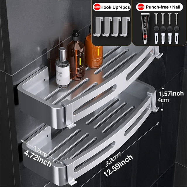 Space Aluminum Bathroom Shelf Shower Shelves Nodrill Wall Mount Shower