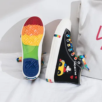 

Autumn Fashion Black High Top Women Canvas Sneakers Cartoon Printed Rainbow Laces Espadrilles Women Canvas Shoes zapatillas lona