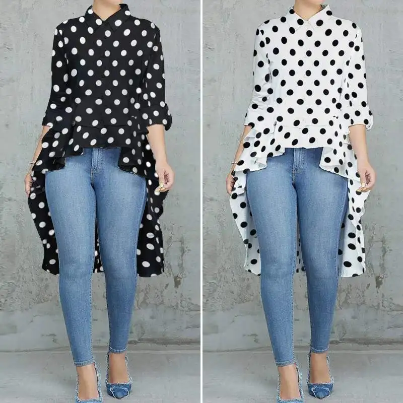 

ZANZEA Women's Irregular Blouse 2020 Elegant Polka Printed Shirts Casual Long SLeeve Blusas Female Button Tunic Plus Size 5XL