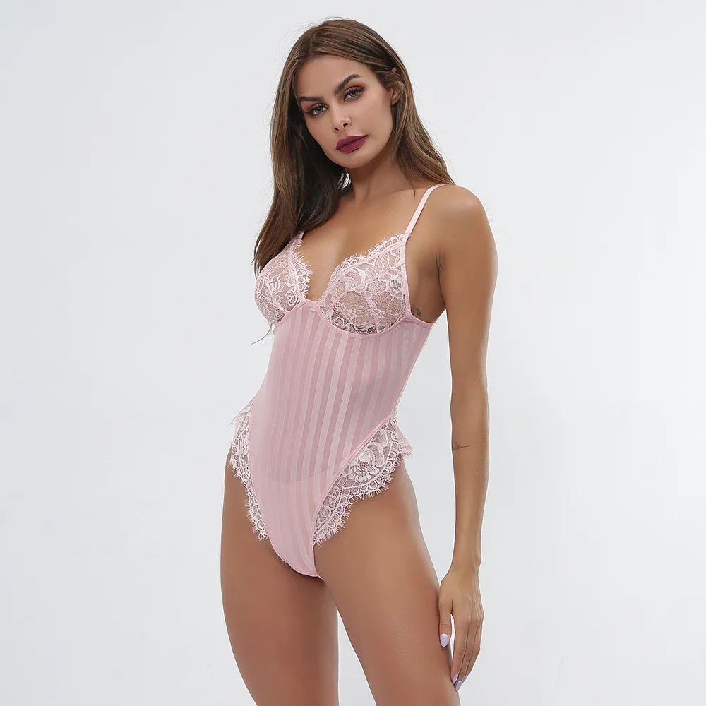 See Through Patchwork Stripe Lace Bodysuit Sleeveless Sexy V Neck Hollow Out Embroidery Skinny One Piece Jumpsuit Body Dentelle shapewear bodysuit