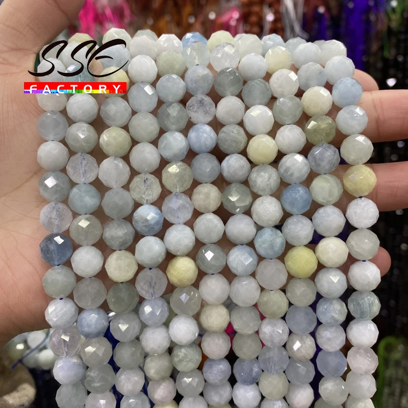 Faceted Natural Aquamarines Stone Beads Loose Spacer Beads For Jewelry Making DIY Bracelets Necklace Accessories 6 8 10mm 15''