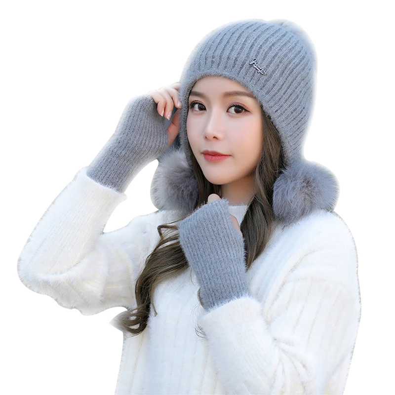 

2/set Winter New Wool Hat Ladies Plus Velvet Thick Knit Caps And Gloves Fashion Cute Pompom Beanies Winter Accessories For Girl