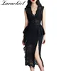 Sexy Sleeveless V-neck High Waist Women Black Lace Dress Female Vintage Ruffles Split Summer Evening Party Dress With Belt ► Photo 1/6