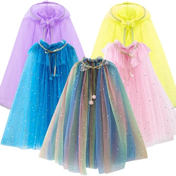 

Girls Cloak Sequined Ball Tull Shawl Kids Dress Out Coat Birthday Party Beach Rainbow Wrap Princess Costume