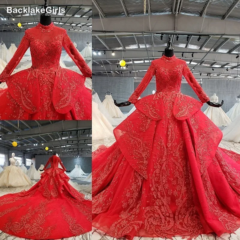 Red Special Dubai Puffy Party Dresses High Neck Long Tulle Sleeve Lace Up Back Wedding Can Make For Muslim | Свадьбы и торжества