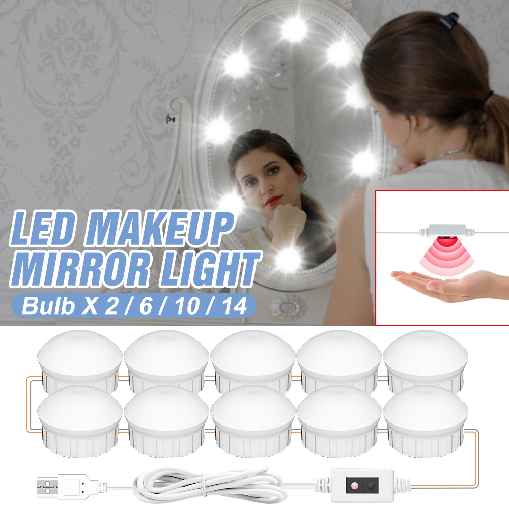 

USB 12V Vanity Table Lamp Mirror LED Bulb Bathroom Hand Sweep Cosmetic Light USB Makeup Dimmable 2 6 10 14 Bulbs Dressing Room