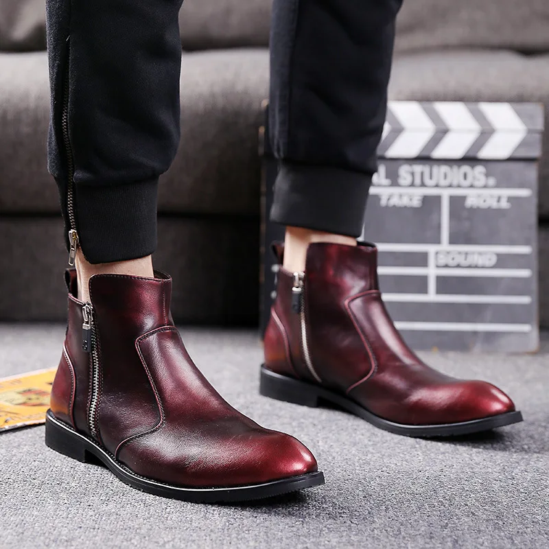 

Fashion Leisure Men Motorcycle Boots Ankle Round Toe Platform Lace up Boots Low Winter Solid Zipper Outdoor Working Shoes