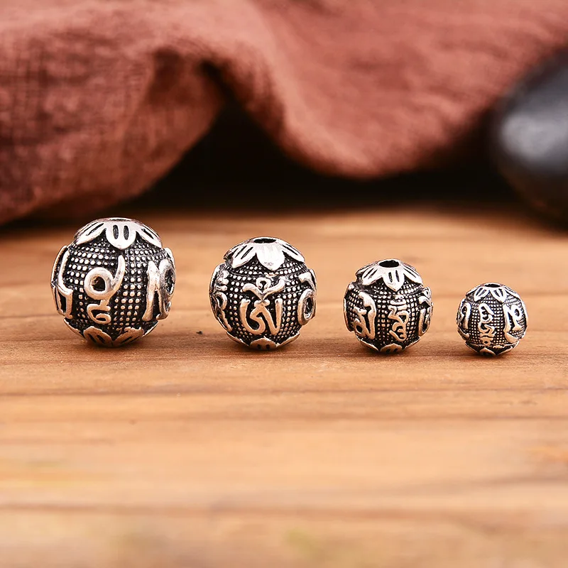 

925 Sterling Silver Vintage Buddhism Six Word Mantra Sanskrit Beads DIY Bracelet Handmade Thai Silver String Bead Accessories