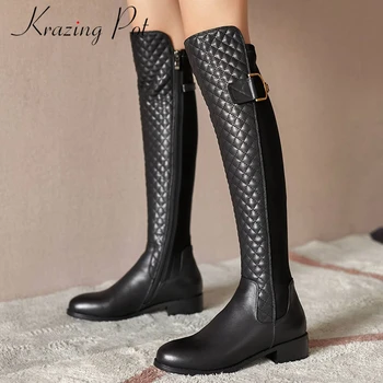 

Krazing pot leisure riding boots real cow leather gingham metal decorations round toe big size fashion over-the-knee boots L2f5