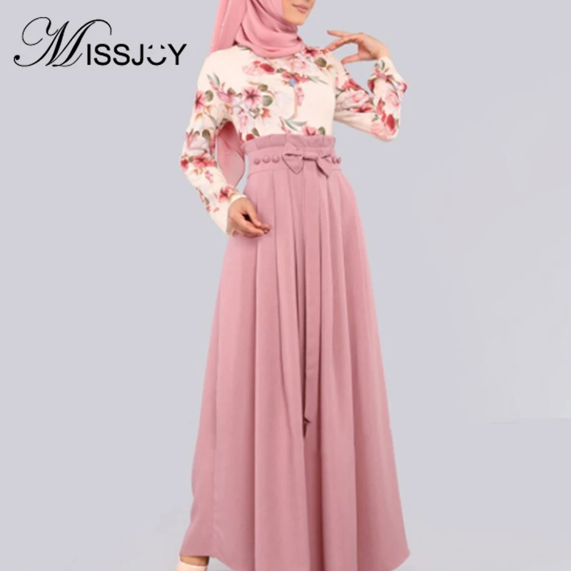 

MISSJOY Muslim Abaya Women Dress 2019 Fashion Flowers Printed High Waist Bow Dubai Turkish Casual Kimono Femme Robe Long Sleeves