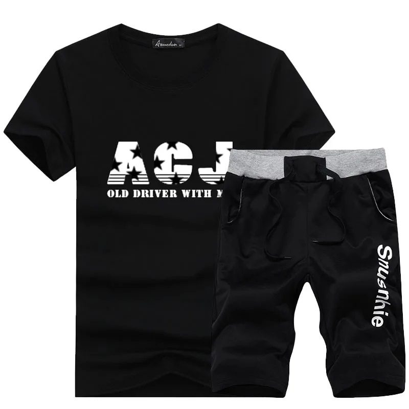 

2019 Summer Leisure Suit Printed Korean-style Slim Fit Short-sleeved round Collar T-shirt Base Shirt Men Sportswear