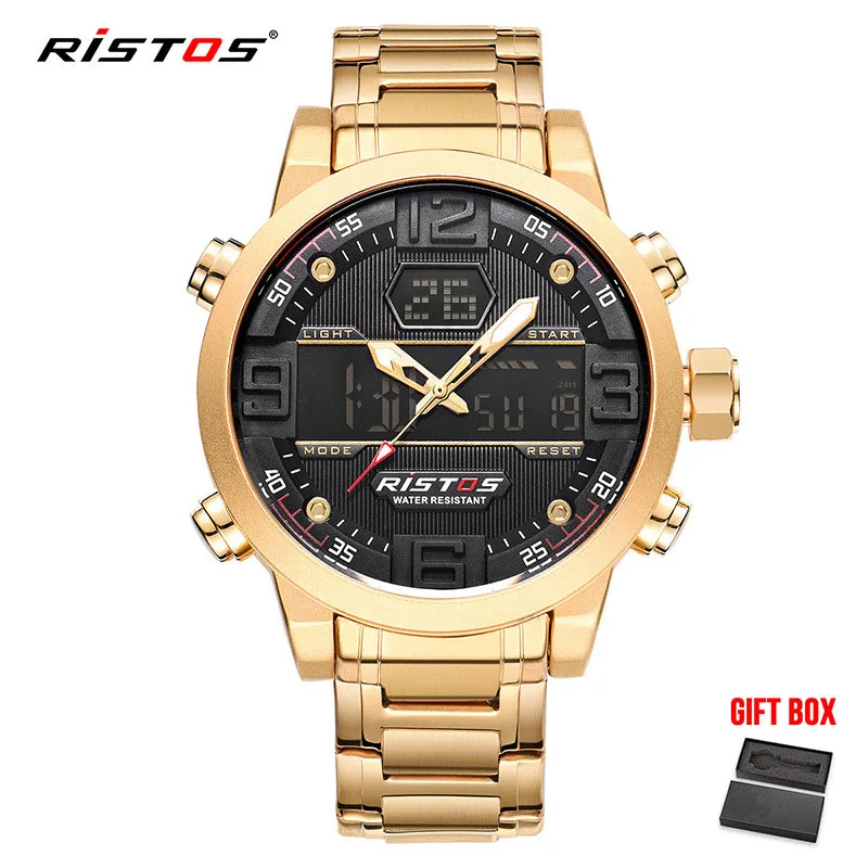Gold with Box Ristos модные Для мужчин Цифровые кварцевые часы Для мужчин на открытом воздухе Элитный бренд Водонепроницаемый Дисплей светодиодный аналоговые Наручные часы montre homme - Цвет: Gold with Box
