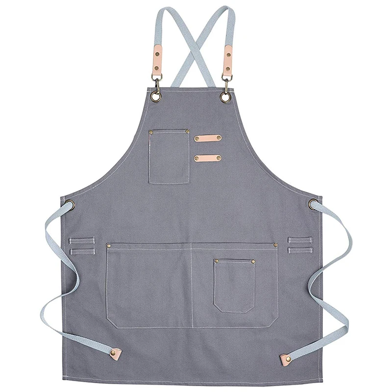 Cotton Apron Men and Women, Chef Grill Studio Apron with Adjustable Table Apron Coffee Hairdresser Tooling Apron Gray