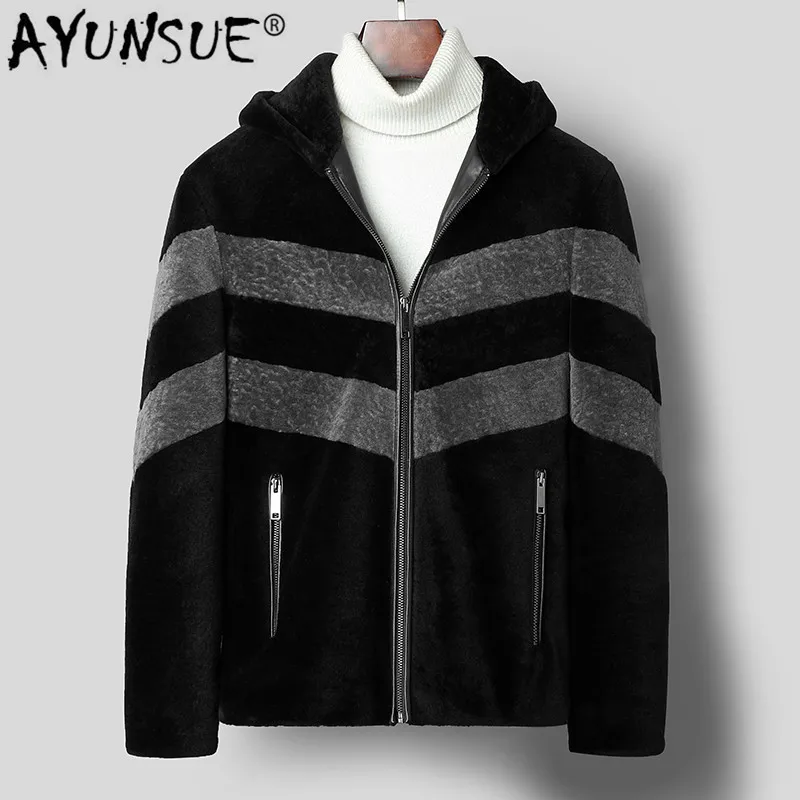 

AYUNSUE 209 New Real Fur Coat Men Autumn Winter Sheep Shearing Wool Jacket Hooded Korean Men's Wool Fur Coats C-01-1823 KJ3304