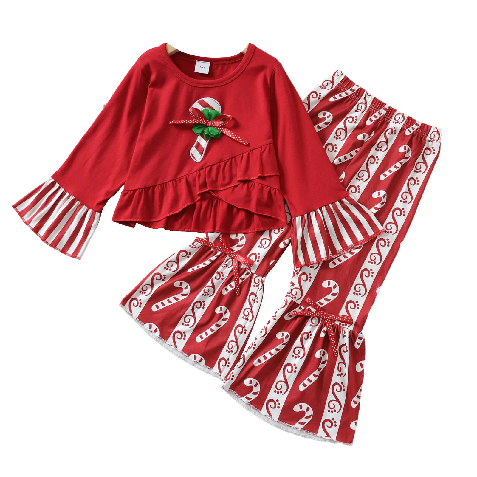 

Kids Baby Girls Christmas Outfit Winter Red Long Sleeves T-shirt Tops With Flare Pants 2Pcs Clothes Set Xmas Children Clothing