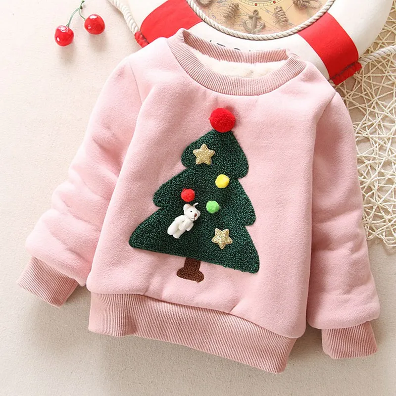 Толстовка для девочки; сезон осень-зима; детская футболка с длинными рукавами и рождественской елкой; детская флисовая верхняя одежда;свитшот детский худи для девочек детская толстовка детские кофты - Цвет: pink