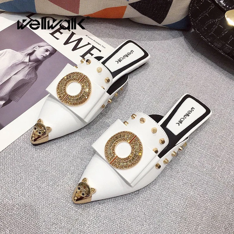 

Dress Mules Slippers Women Flat Shoes Rhinestone Buckle Designer Shoe Woman Fashion Studded Rivet Slides Pointed Toe Shoe Woman