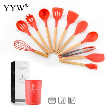 

12pcs Silicone Cooking Utensil Sets Wooden Handle Red Non-Stick Kitchen Utensils Tools Spatula Shovel Cooking Tools Kitchen Set