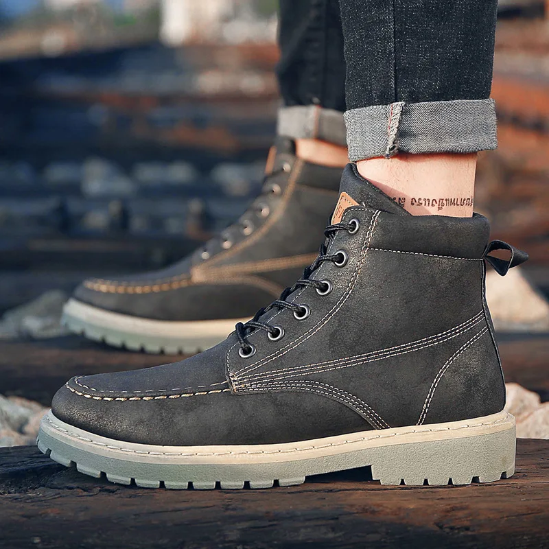 

Fashion Leisure Classics Chelsea Boots Men Ankle Round Toe Lace-Up Boots Winter Casual Sewing PU Motorcycle Shoes