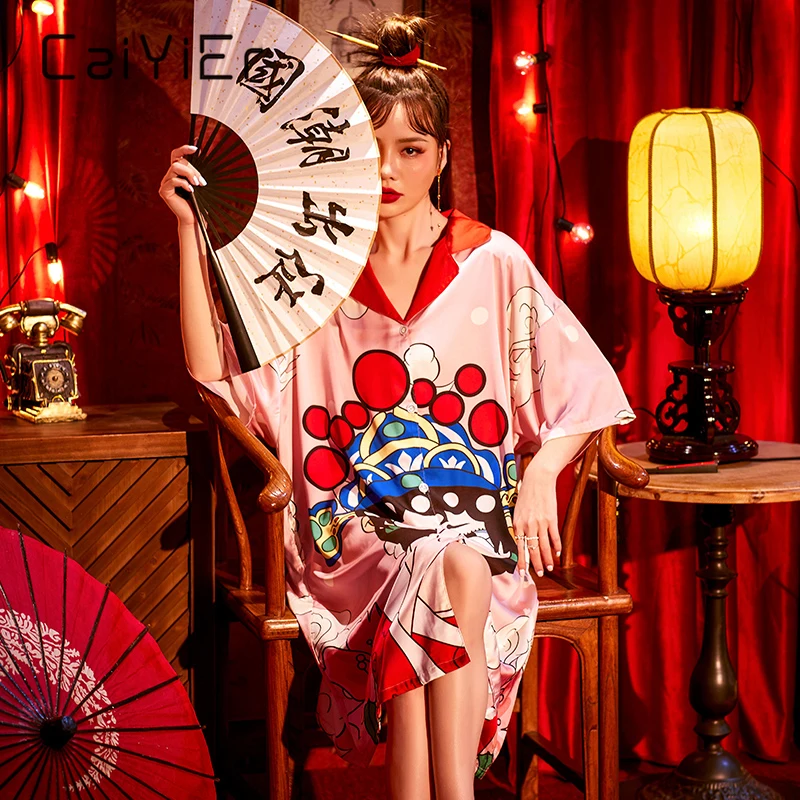 

CAIYIER 2020 Silk Nightdress Sexy Chinese Style Ladie Nightgown Lingerie Bath Gown Girls Fashion Cute Shirt Skirt Homewear Party