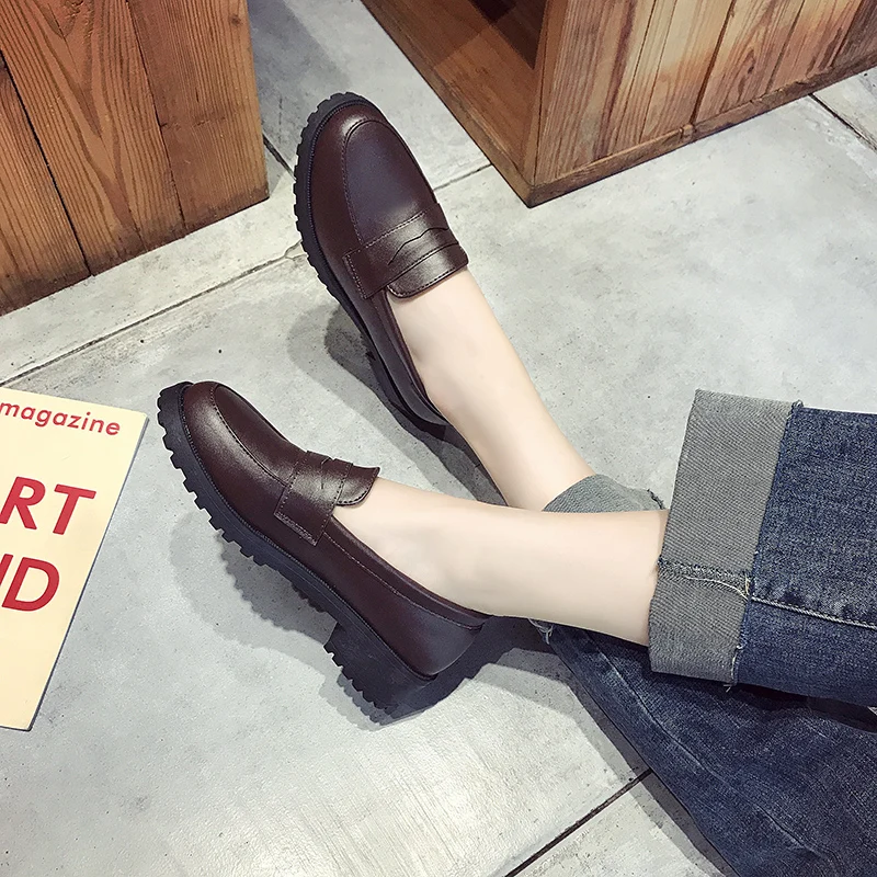 Autumn Women Shoes Female Oxfords Slip on Pu Leather Casual Shoes Woman Fashion Plus Size High Heels Platform Retro