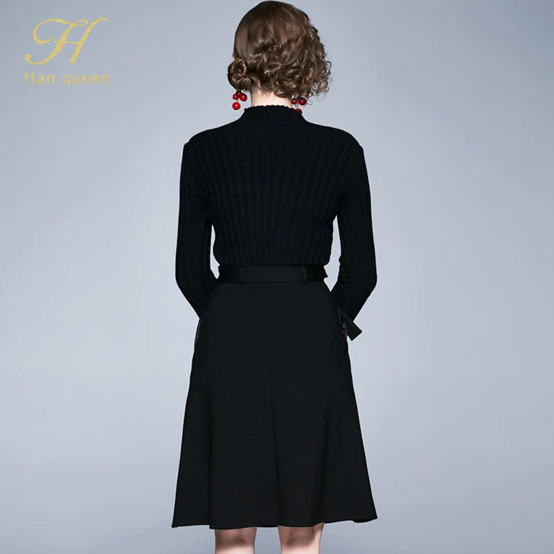 H Han queen зимнее женское трикотажное платье трапециевидной формы с вышивкой, Элегантное повседневное черное платье длиной до колена