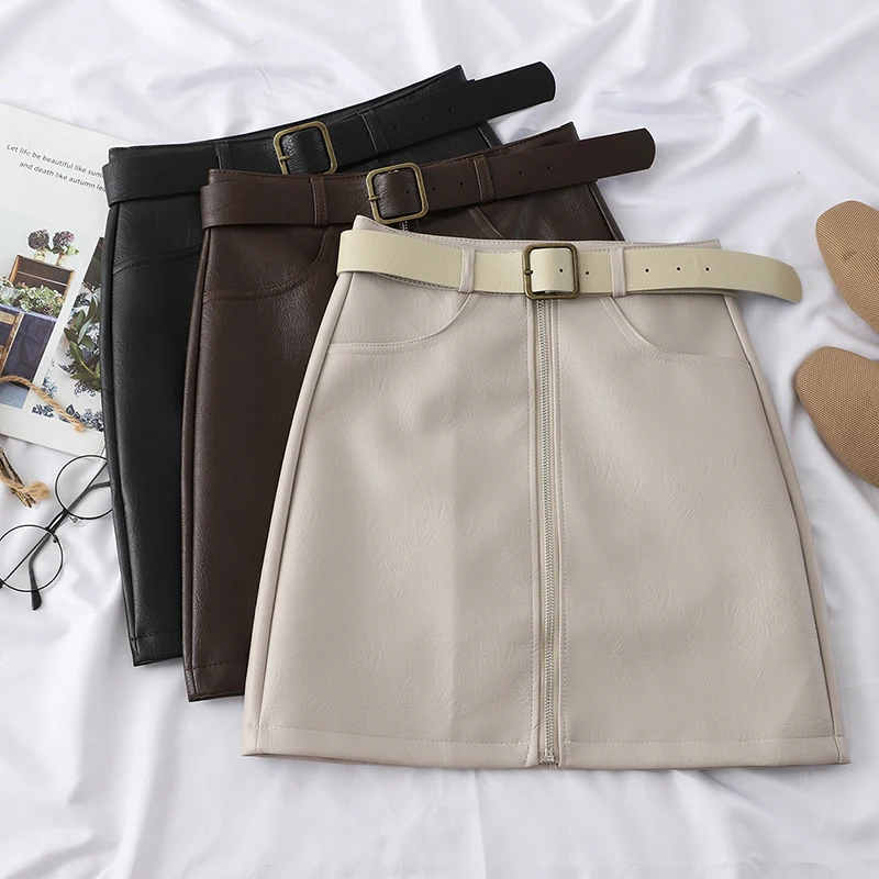 

New Autumn Beige Black A-Line PU Leather Skirt Women High Waist Office Wear Mini Skirts Spring Female Belt Zipper Short Skirt