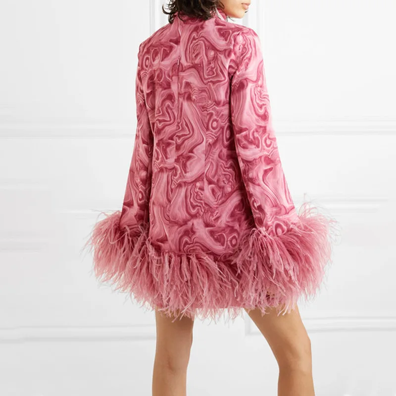 Высокое качество дизайнерские Runway женские платья с длинным рукавом перо украшенное элегантное вечернее платье vestidos