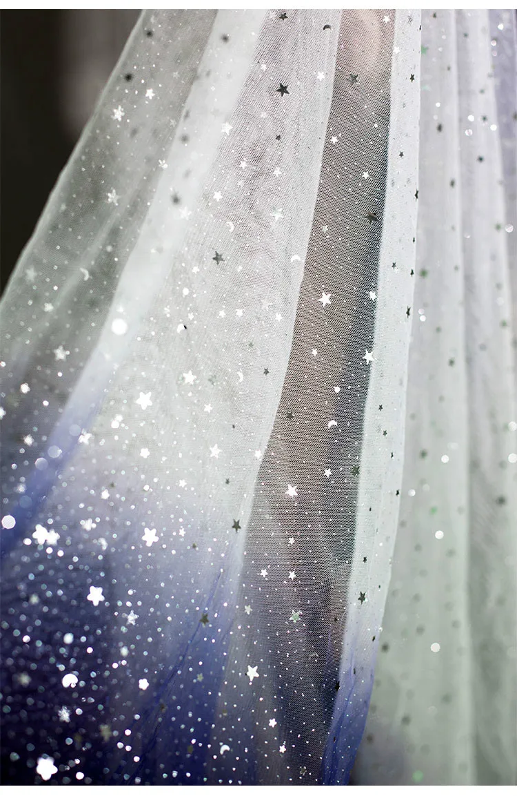 Soft Fabric Chiffon Fabric Sheer Dancing Dress Material Blue White Gradient Stars Gauze Sequin Mesh