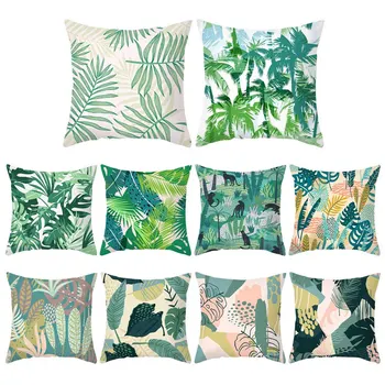 

Tropical Plants Palm Leaf Green Leaves Monstera Cushion Covers Hibiscus Flower Cushion Cover Decorative Beige Linen Pillow Case