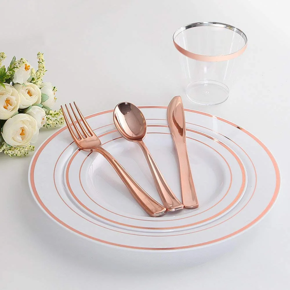 

150pcs Disposable Plastic Tableware Set Rose Gold Plastic Plates Cups Cutlery For Wedding Baby Shower Birthday Party Supplies