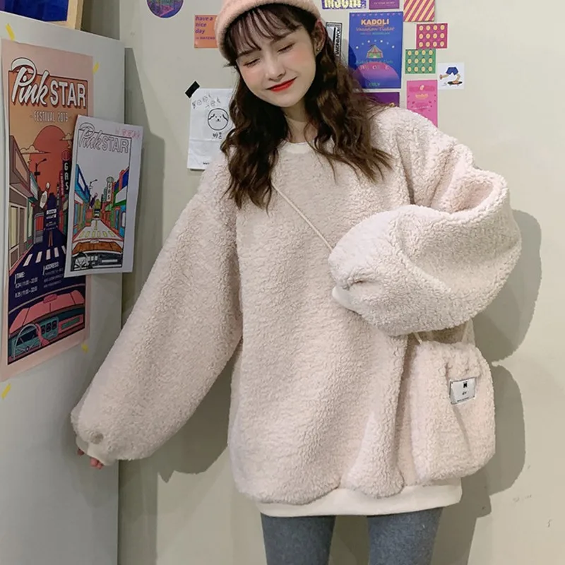  Fashion Women Plush Warm Sweatshirt Cute Candy Color Long Sleeve Solid Color Pullover Tops Sweatshi