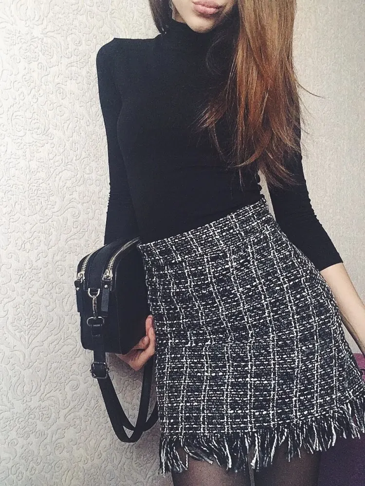 Женская шерстяная мини-юбка осень зима винтажная прямая клетчатая короткая юбка с кисточками Высокая талия Femininas