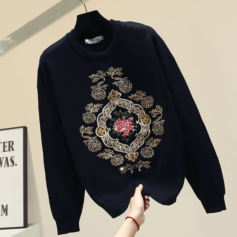 

2020 Winter Black Sweater Sweter New Women's Embroidered Flower Sweater Autumn Blusa Loose Sweaters Pull Femme Nancylim