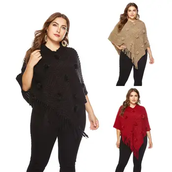

Women Plus Size Knit Tassels Poncho Cape Pullover Tops with Pompom Sweater Shawl 40JF