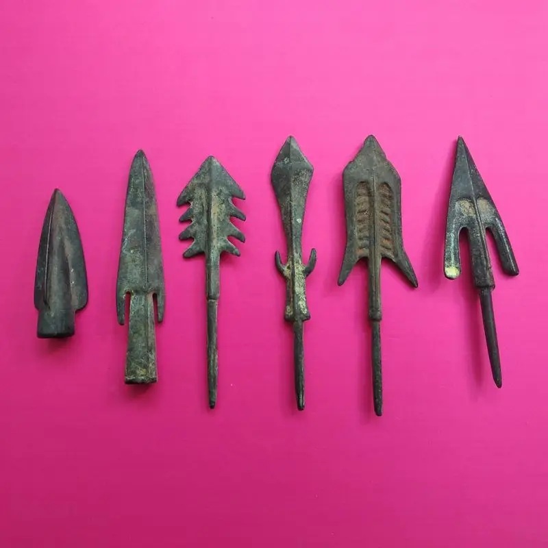 

6 Piece Old Bronze spear Pike lance Model Pick Ancient Mould fishgig Tool Case