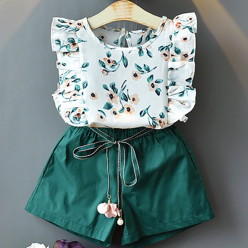 Бежевый Girls Sets New Spring Summer Floral Children Sleeveless T-shirt+Solid Shorts 2PCS Kids Suit Fashion 3-7T Children Clothes - Цвет: Бежевый