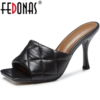 

FEDONAS Sheepskin Leather Peep Toe Sandals For Woman Sexy High Heels Pumps Black Wedding Concise Slippers Summer New Shoes Woman