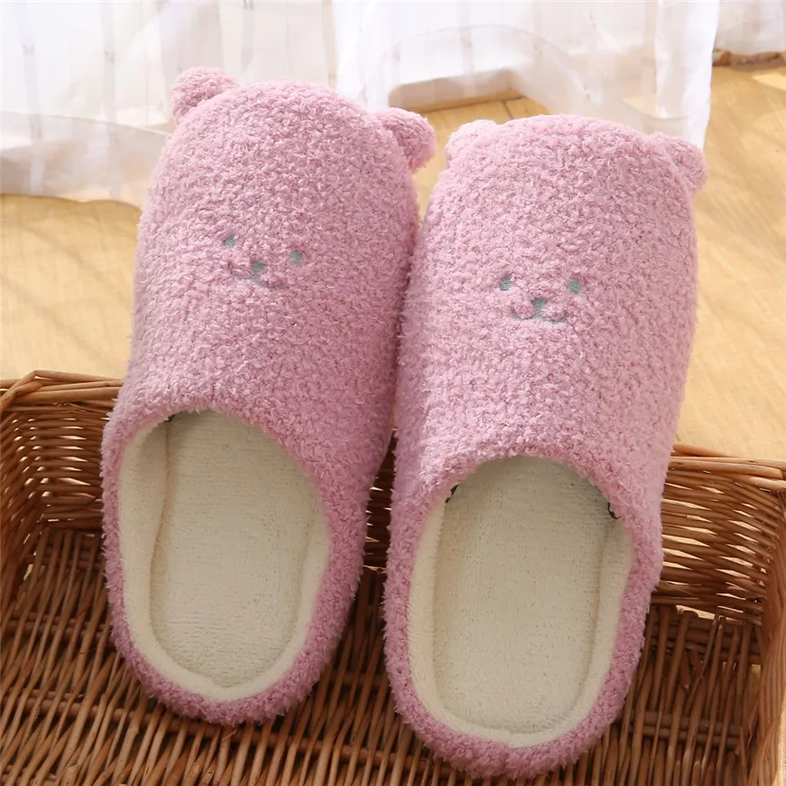 Cute Bear Cotton Slippers Women's Winter House Fur Slippers Slip-On Anti-Skid Female Flat With Soft Sole Shoes Snow Slippers 70 - Цвет: Purple