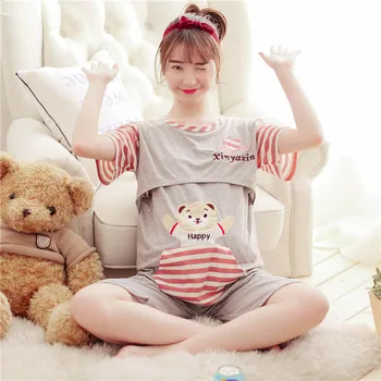 

Cute cartoon thin section pajamas pregnant women pajamas 2020 summer O-neck short sleeve easy breastfeeding cotton confinement