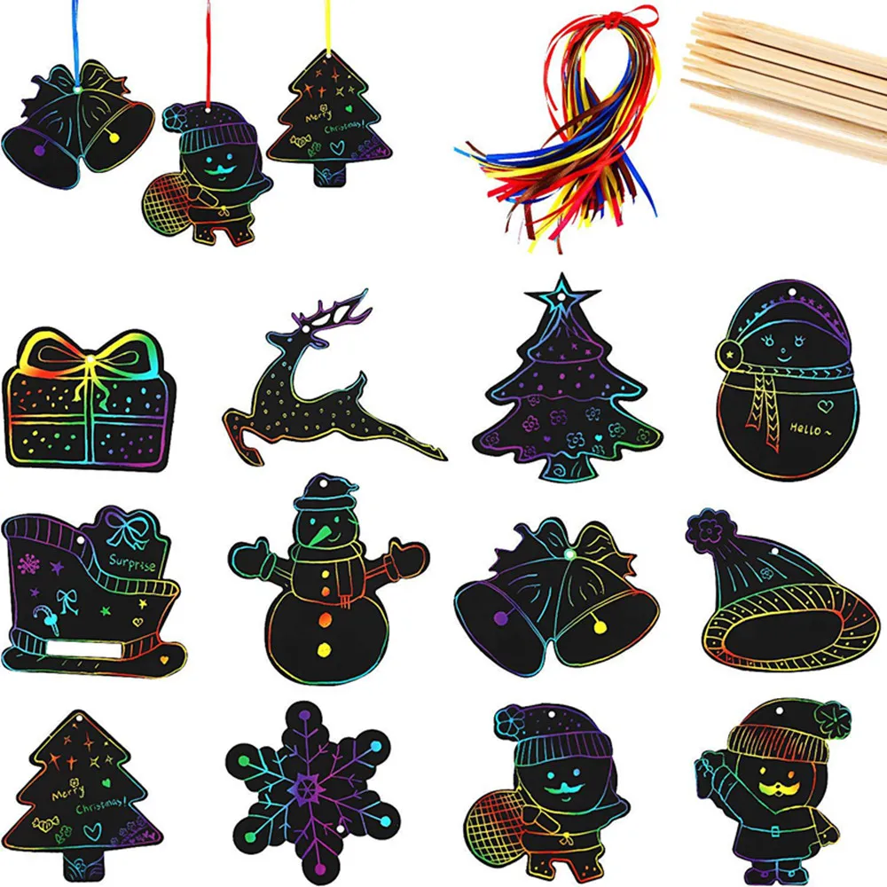 24Pcs Colorful Scratch Christmas Tree Ornaments Cute Paper Pendant DIY Crafts Decorations for Home 2021 Kids Xmas Gift | Дом и сад