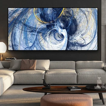 

Modern Posters and Prints Wall Art Oil Painting on Canvas Abstract Creative Blue Lines Pictures for Living Room Decor No Frame