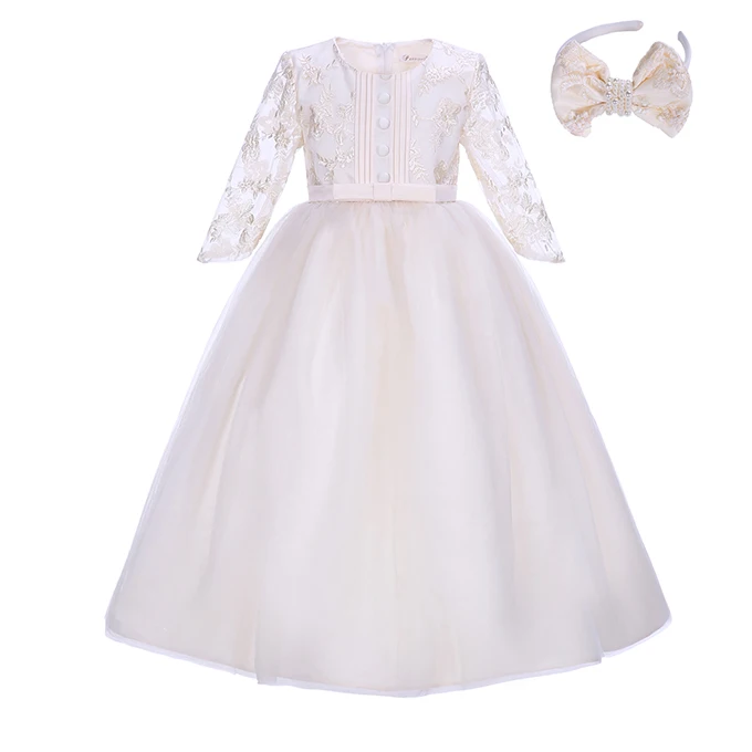 Cutestyles High-end Elegant Girl Dress With Hairband Long Sleeve Embroidery Wedding Party Kids Child Princess -1172 | Детская одежда и