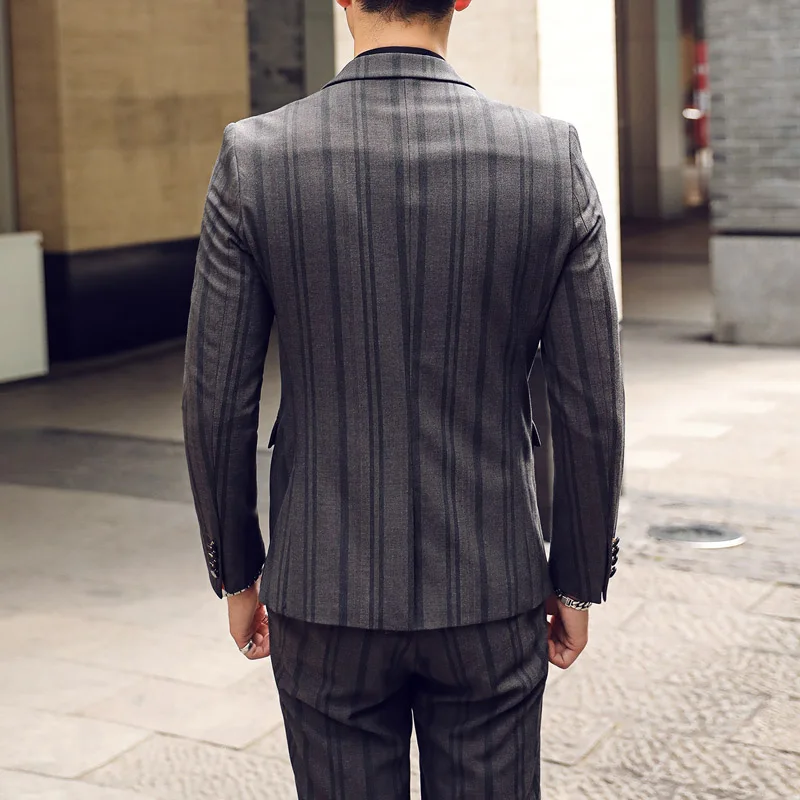 2019 New Fashion Style Striped Men Suit 2pcs (jacket+pant) High-quality Slim Business Casual Menswear Costume