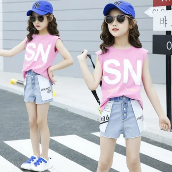 

2020 Hot Selling Child Clothes Set Summer Fashion Letter Print Tops+Letter Print Jeans 2pcs Suit Kid Clothing New Arriva