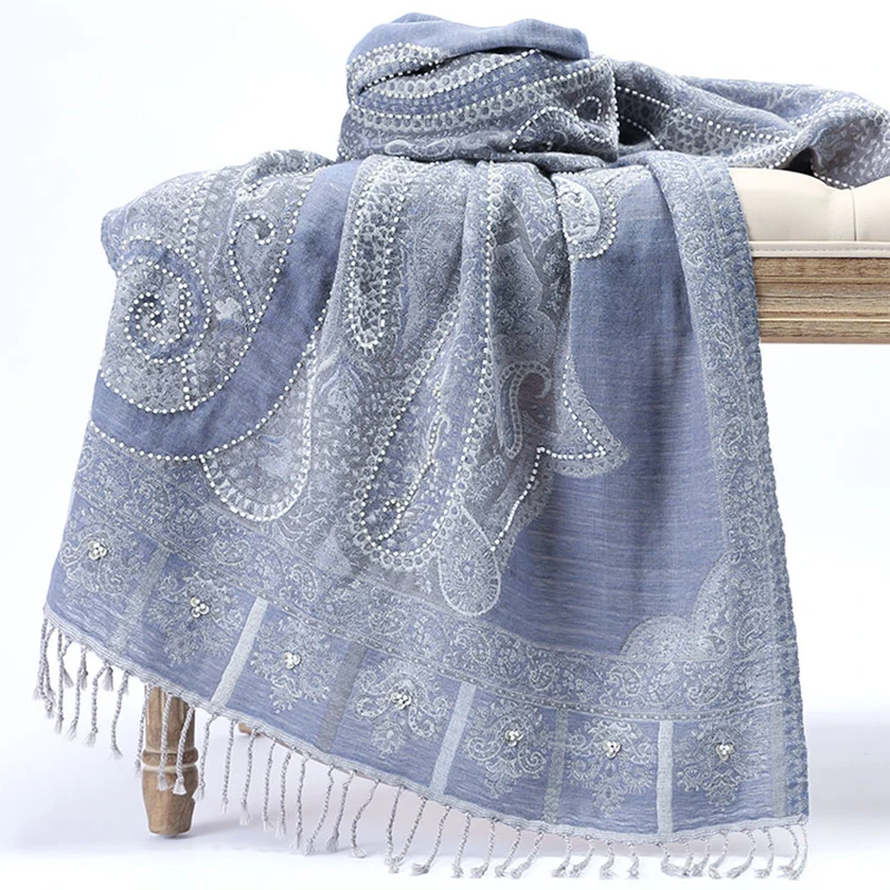 

Blue Embroidery Flower Mujer Bufanda Women Wool Blend Shawls Autumn Winter Scarves Beads Handmade Wrap Cachecol Feminino